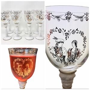 Romeo & Juliet Crystal & Porcelain 22k Gold Goblets Set 8 Austrian Vintage